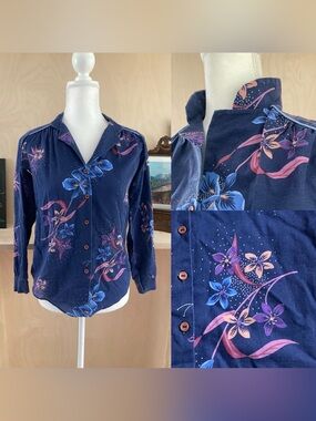 Navy Blue Floral Button-Up Blouse with Pink & Blue Accents
